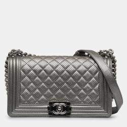 Pre Owned Chanel Grey Old Medium Quilted Perforated Metallic Lambskin Boy Flap