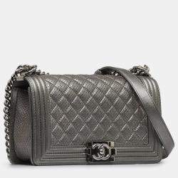 Pre Owned Chanel Grey Old Medium Quilted Perforated Metallic Lambskin Boy Flap