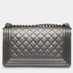 Pre Owned Chanel Grey Old Medium Quilted Perforated Metallic Lambskin Boy Flap