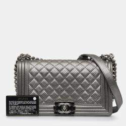 Pre Owned Chanel Grey Old Medium Quilted Perforated Metallic Lambskin Boy Flap