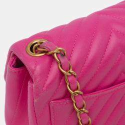 Pre Owned Chanel Pink Mini Square Classic Chevron Lambskin Single Flap