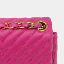 Pre Owned Chanel Pink Mini Square Classic Chevron Lambskin Single Flap
