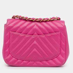 Pre Owned Chanel Pink Mini Square Classic Chevron Lambskin Single Flap