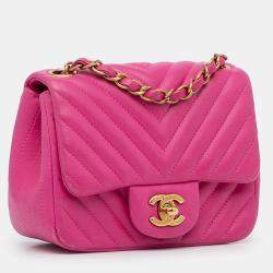 Pre Owned Chanel Pink Mini Square Classic Chevron Lambskin Single Flap