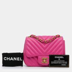 Pre Owned Chanel Pink Mini Square Classic Chevron Lambskin Single Flap