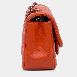 Pre Owned Chanel Orange Mini Rectangular Classic Lambskin Single Flap