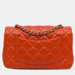 Pre Owned Chanel Orange Mini Rectangular Classic Lambskin Single Flap