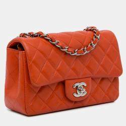 Pre Owned Chanel Orange Mini Rectangular Classic Lambskin Single Flap