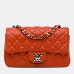 Pre Owned Chanel Orange Mini Rectangular Classic Lambskin Single Flap