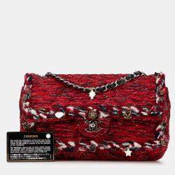 Pre Owned Chanel Red Medium Tweed Braided Charms Double Flap