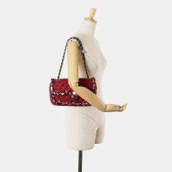 Pre Owned Chanel Red Medium Tweed Braided Charms Double Flap