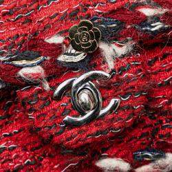 Pre Owned Chanel Red Medium Tweed Braided Charms Double Flap