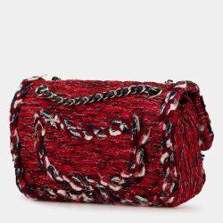 Pre Owned Chanel Red Medium Tweed Braided Charms Double Flap