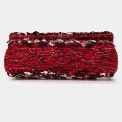 Pre Owned Chanel Red Medium Tweed Braided Charms Double Flap