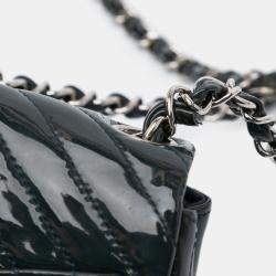 Pre Owned Chanel Blue Mini Square Classic Chevron Patent Single Flap