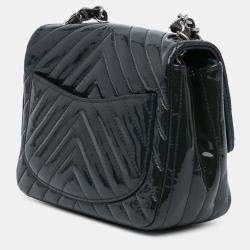 Pre Owned Chanel Blue Mini Square Classic Chevron Patent Single Flap