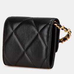 Pre Owned Chanel Black Quilted Lambskin Chanel 19 Card Holder On Chain
