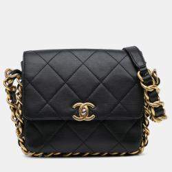 Pre Owned Chanel Black Small Quilted Calfskin Framing Chain Flap