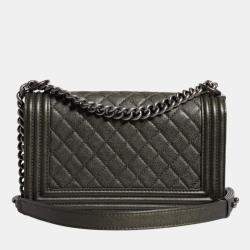 Pre Owned Chanel Boy Green Leather Shoulder Bag