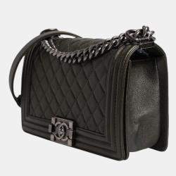 Pre Owned Chanel Boy Green Leather Shoulder Bag
