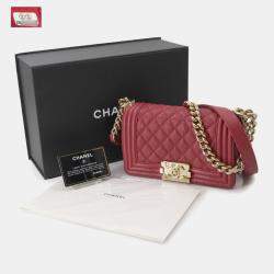 Pre Owned Chanel Boy Red Leather Chain Shoulder Bag