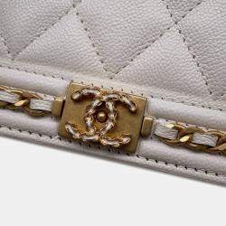 Pre Owned Chanel Boy White Soft Caviar Leather Round Chain Wallet