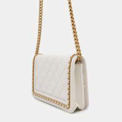 Pre Owned Chanel Boy White Soft Caviar Leather Round Chain Wallet
