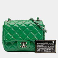 Pre Owned Chanel Green Mini Square Classic Patent Single Flap