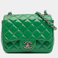 Pre Owned Chanel Green Mini Square Classic Patent Single Flap