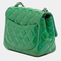 Pre Owned Chanel Green Mini Square Classic Patent Single Flap