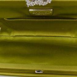 Pre Owned Chanel Green Satin Crystal Camellia Evening Frame Clutch