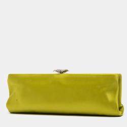 Pre Owned Chanel Green Satin Crystal Camellia Evening Frame Clutch