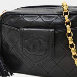 Pre Owned Chanel Coco Mark Black Gold Lambskin Tassel Chain Shoulder Bag