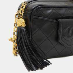 Pre Owned Chanel Coco Mark Black Gold Lambskin Tassel Chain Shoulder Bag