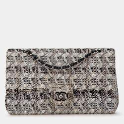Pre Owned Chanel Black/White Medium Classic Tweed Double Flap