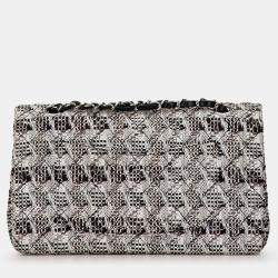 Pre Owned Chanel Black/White Medium Classic Tweed Double Flap
