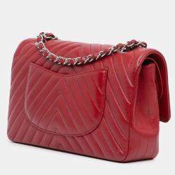 Pre Owned Chanel Red Medium Classic Chevron Caviar Double Flap