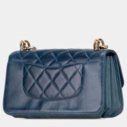 Pre Owned Chanel Blue Small Quilted Calfskin Straight Lined Flap