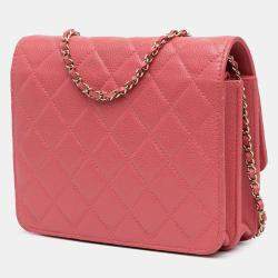 Pre Owned Chanel Pink Quilted Caviar Golden Class Wallet On Chain