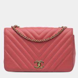 Pre Owned Chanel Pink Medium Chevron Lambskin Statement Flap