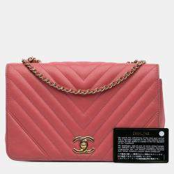 Pre Owned Chanel Pink Medium Chevron Lambskin Statement Flap