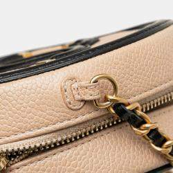 Pre Owned Chanel Beige Black Caviar CC Filigree Round Crossbody
