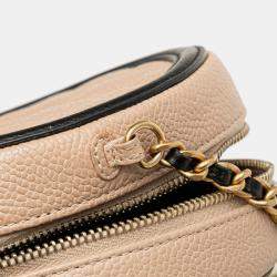 Pre Owned Chanel Beige Black Caviar CC Filigree Round Crossbody