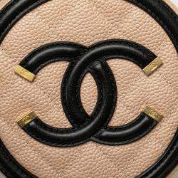 Pre Owned Chanel Beige Black Caviar CC Filigree Round Crossbody
