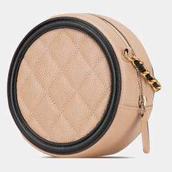 Pre Owned Chanel Beige Black Caviar CC Filigree Round Crossbody