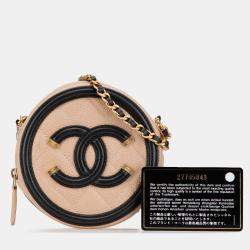 Pre Owned Chanel Beige Black Caviar CC Filigree Round Crossbody