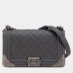 Pre Owned Chanel Grey Paris-Dallas Old Medium Quilted Calfskin Cowboy Boy Flap