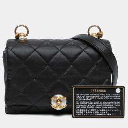 Pre Owned Chanel Black Mini Quilted Calfskin Pearl CC Accordion Flap