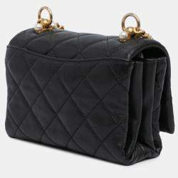 Pre Owned Chanel Black Mini Quilted Calfskin Pearl CC Accordion Flap