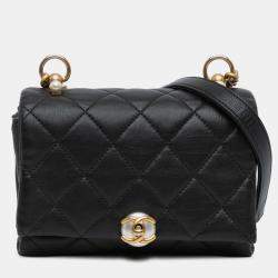 Pre Owned Chanel Black Mini Quilted Calfskin Pearl CC Accordion Flap